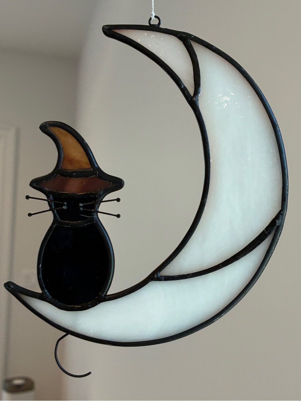 Stained Glass Black Cat on Crescent Moon Sun catcher Wiccan Witchy Decor
